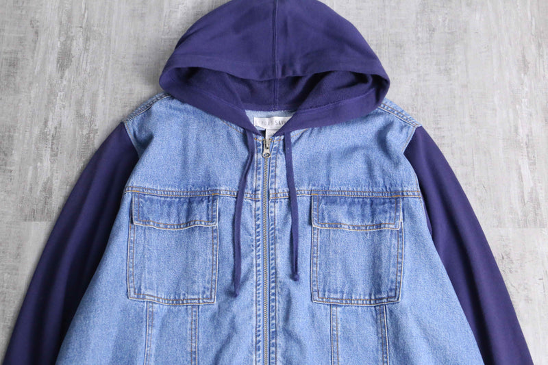 sweat switch front zip denim hoodie