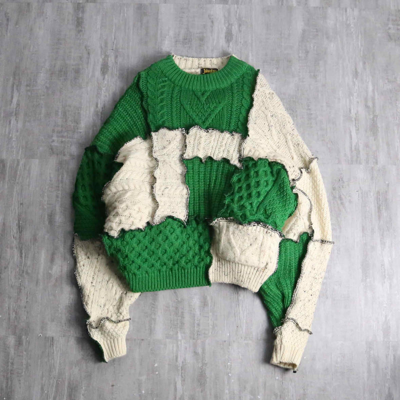 ''Re:make''green× ivory docking pullover knit