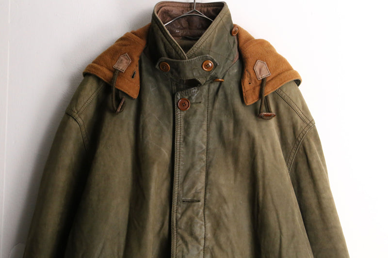 dark green hooded leather half coat