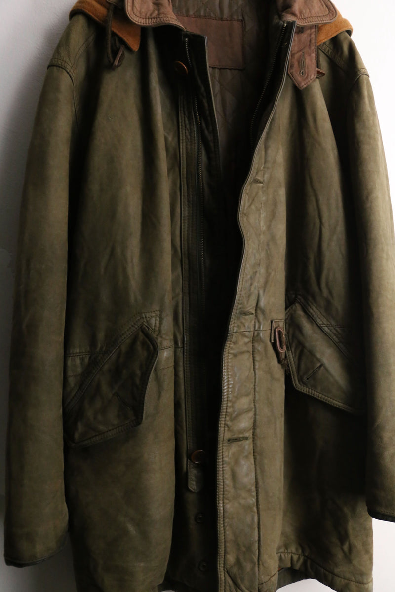 dark green hooded leather half coat