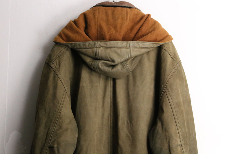 dark green hooded leather half coat