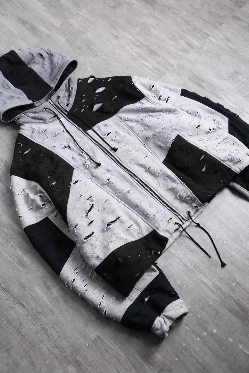 ”Re:make” gray black color damage zip up hoodie