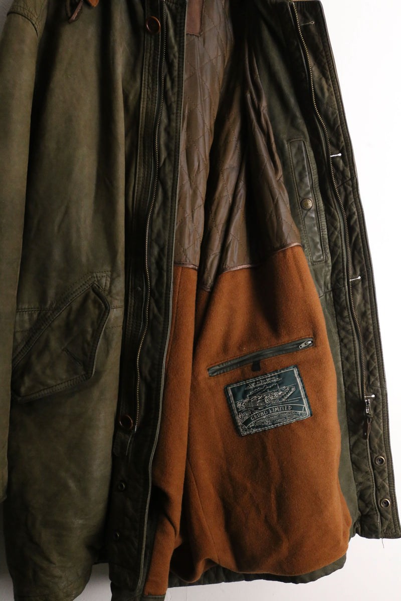 dark green hooded leather half coat