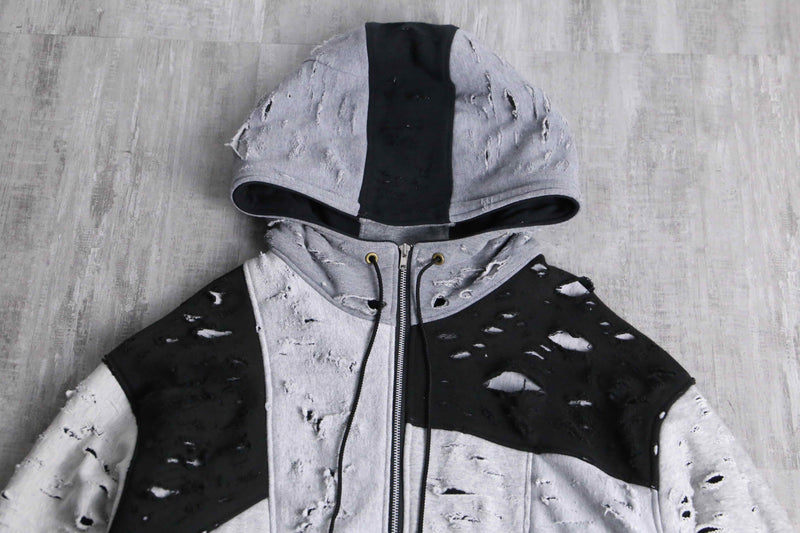 ”Re:make” gray black color damage zip up hoodie