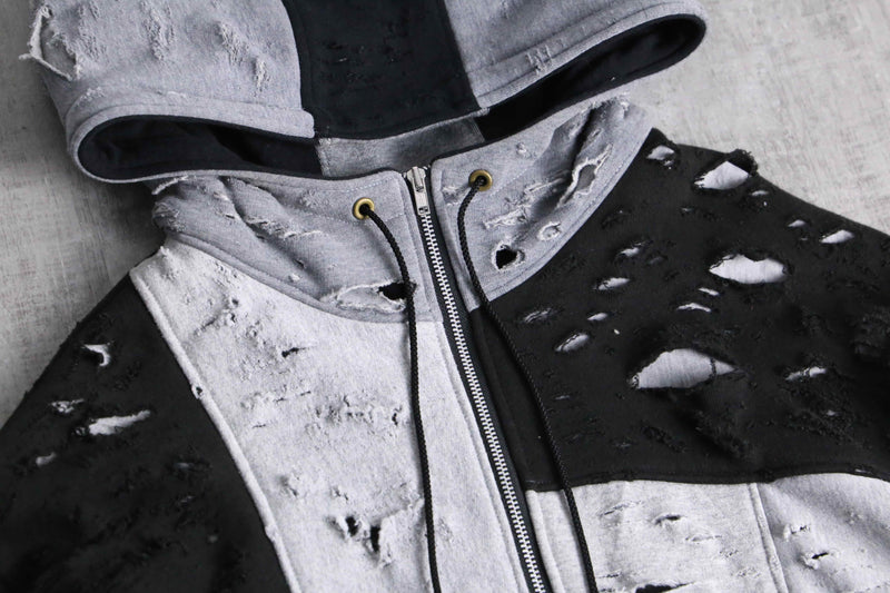 ”Re:make” gray black color damage zip up hoodie