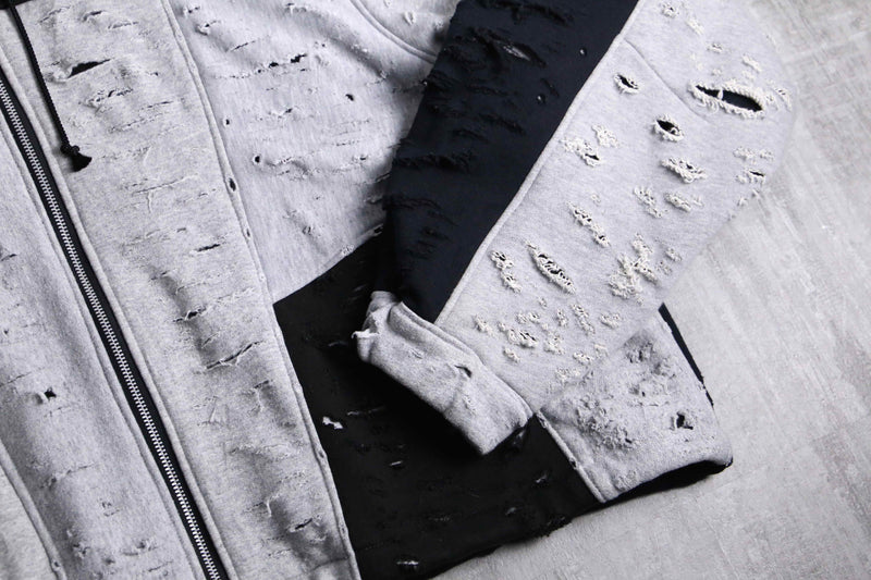 ”Re:make” gray black color damage zip up hoodie