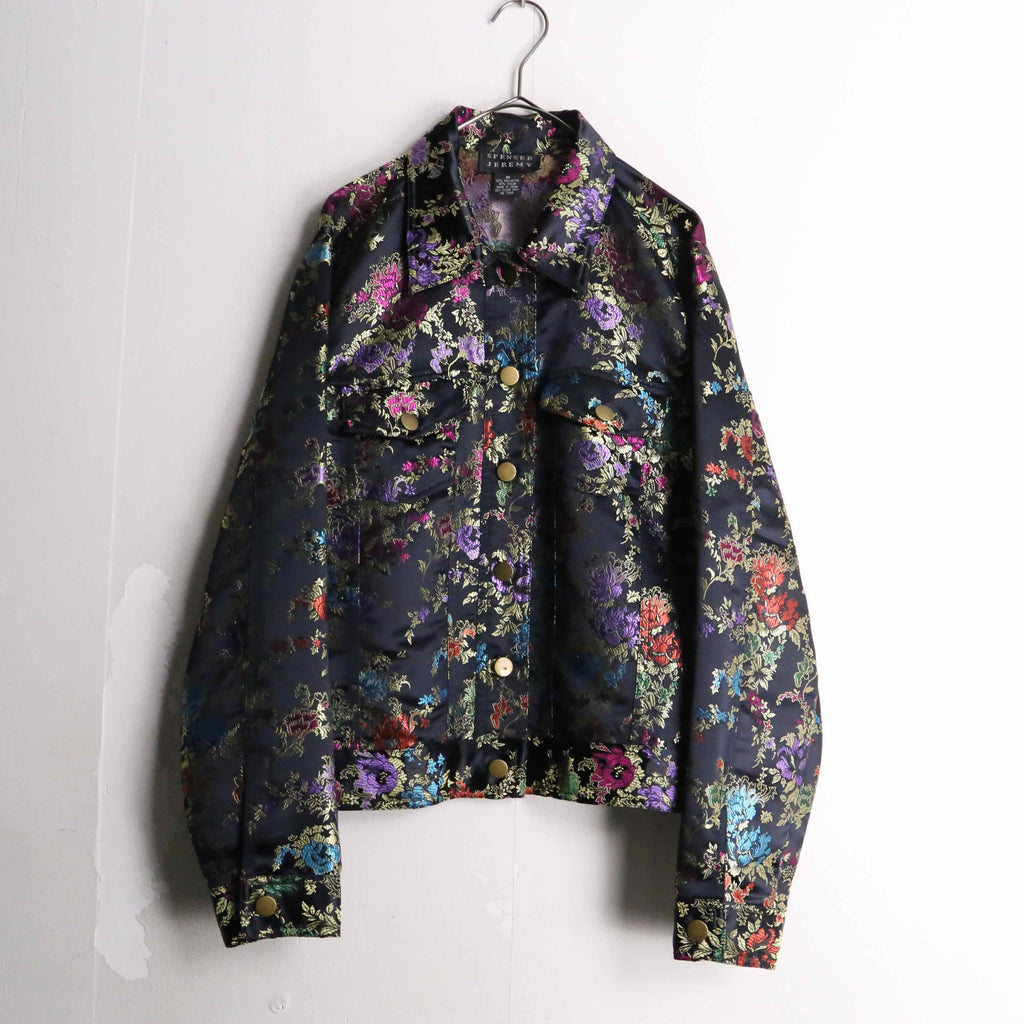 gold×black flower design cropped shirt jacket
