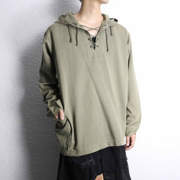 lace up&back tuck design khaki hoodie