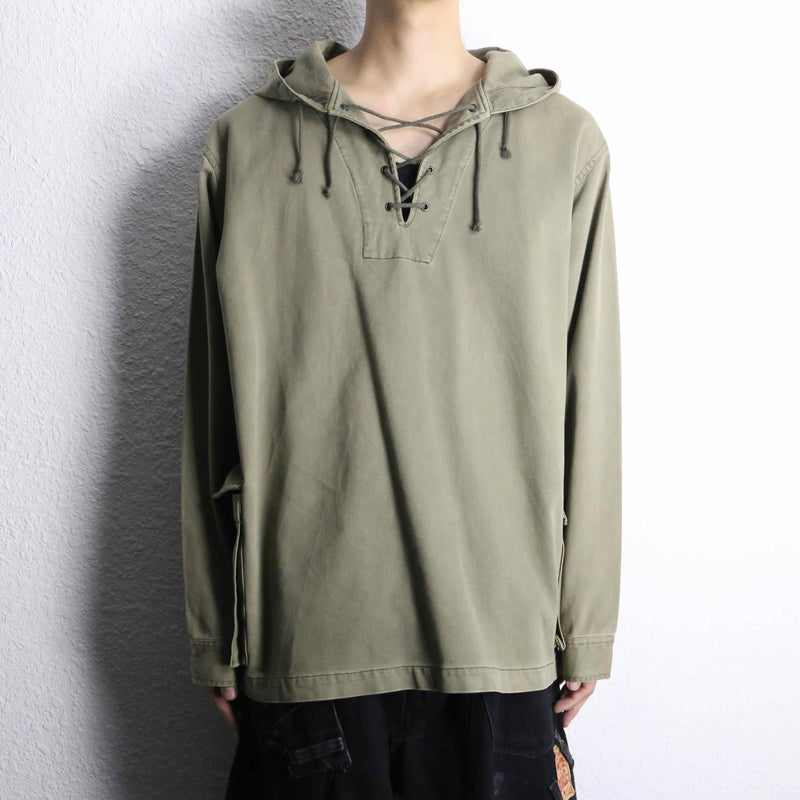 lace up&back tuck design khaki hoodie