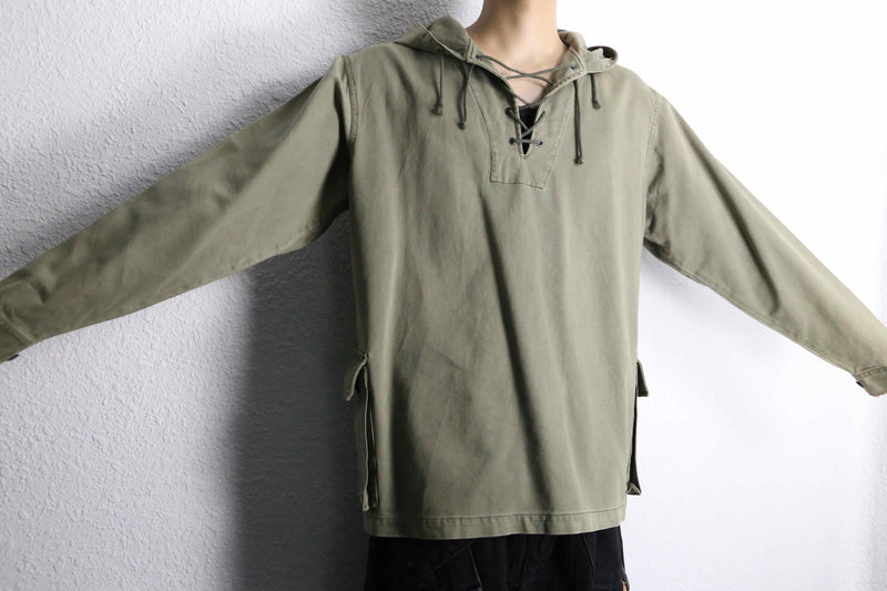 lace up&back tuck design khaki hoodie