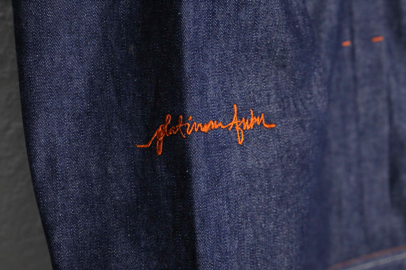 "PLATINUM FUBU" back design big silhouette denim jacket