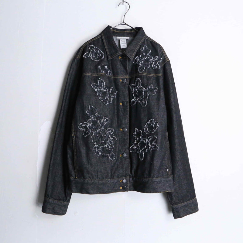 flower patch design black denim jacket