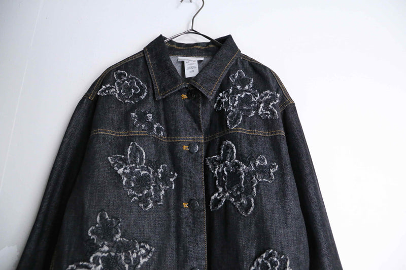 flower patch design black denim jacket