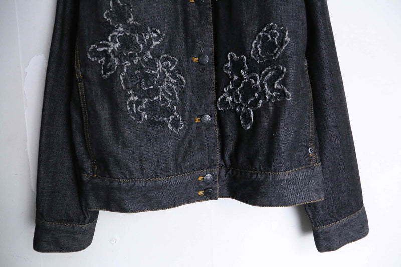 flower patch design black denim jacket