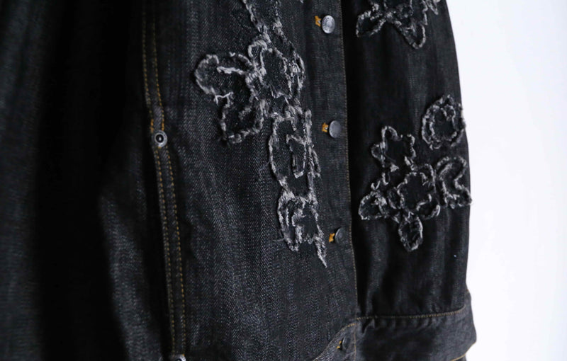 flower patch design black denim jacket