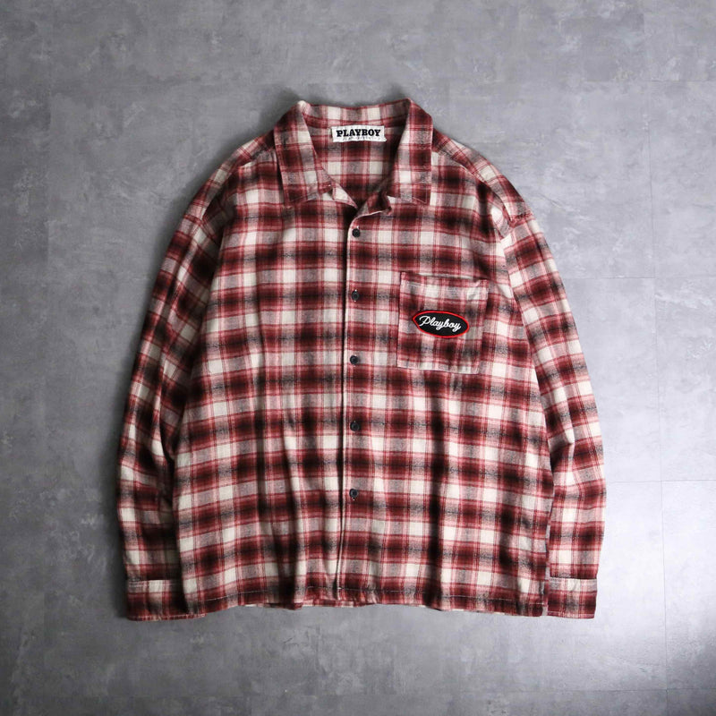2000s PLAYBOY ombre check open collar nel shirt