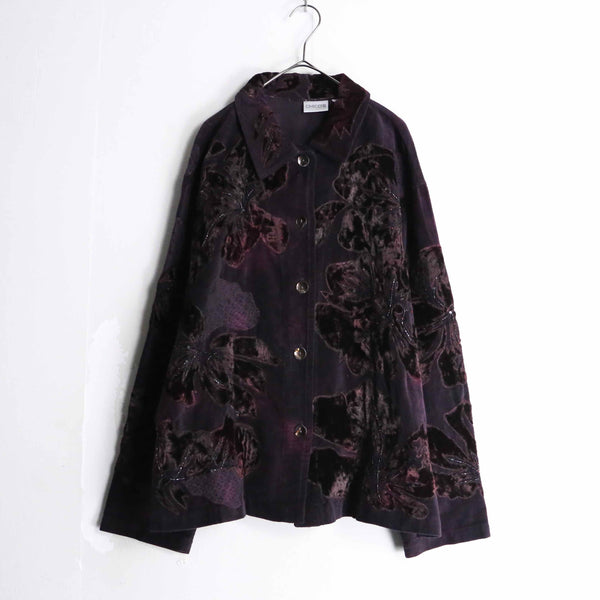 "CHICO'S" black color flower design velour shirt