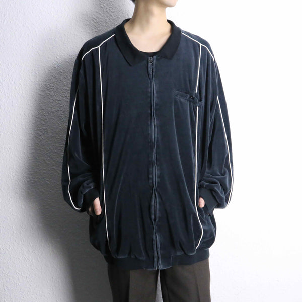 ”KING SIZE” white line over zip up velours shirts