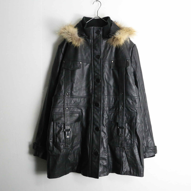 design black lamb skin middle leather coat