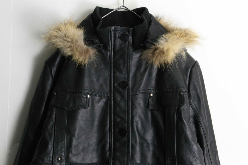 design black lamb skin middle leather coat