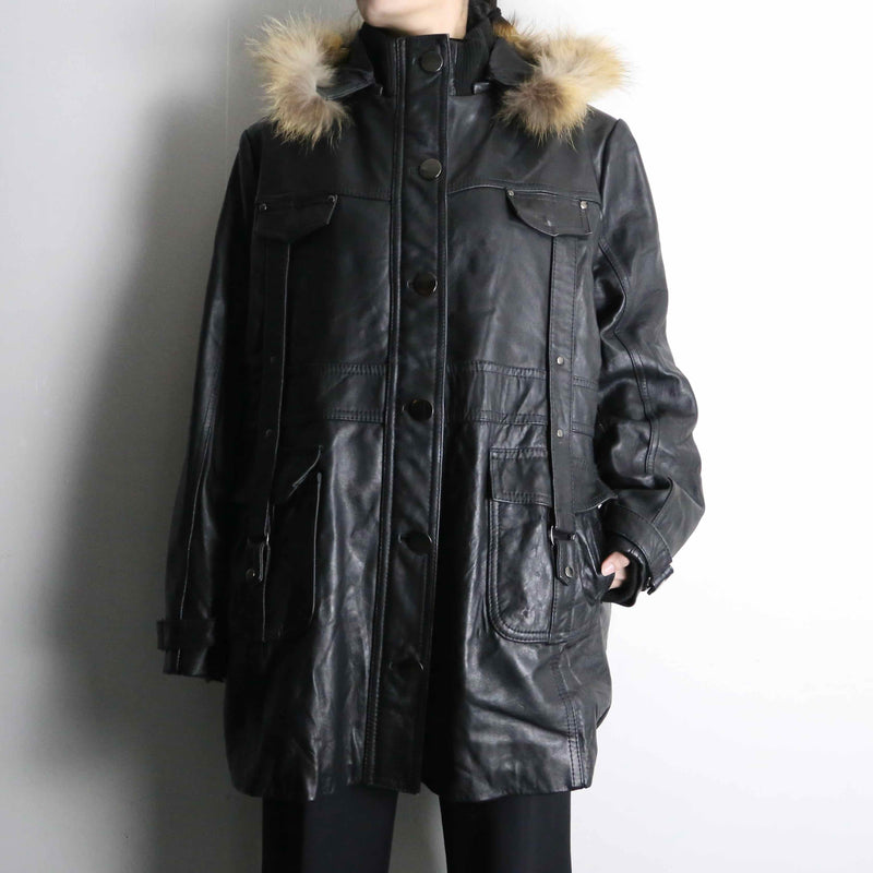 design black lamb skin middle leather coat