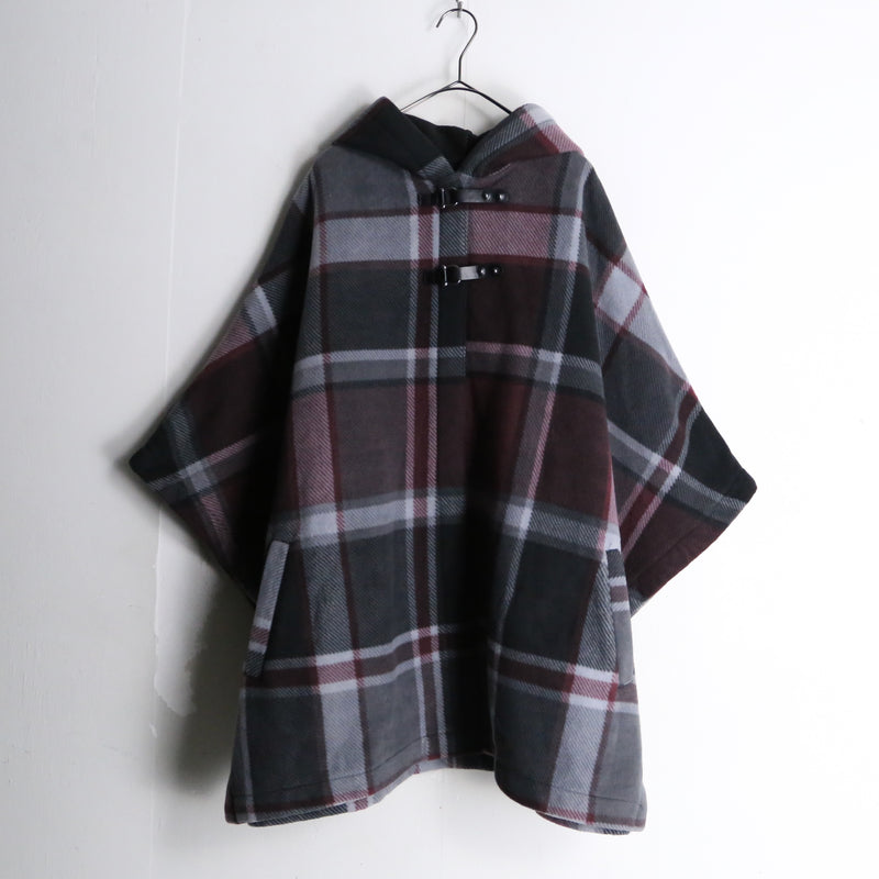 dark bordeaux color check pattern fleece poncho