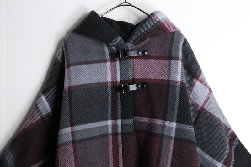 dark bordeaux color check pattern fleece poncho