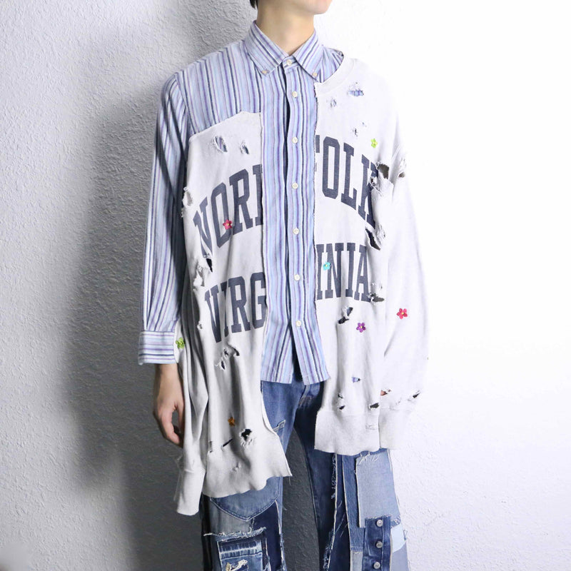 ”Re:make” stripe shirt × damage  design docking sweat