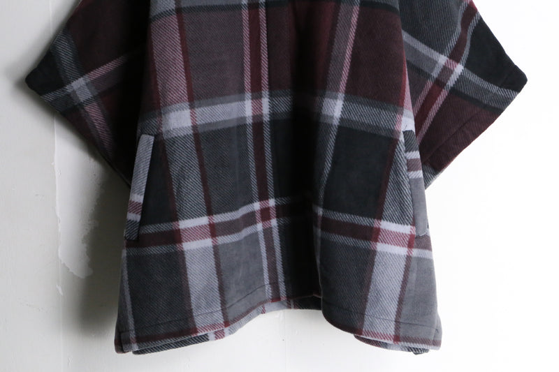 dark bordeaux color check pattern fleece poncho