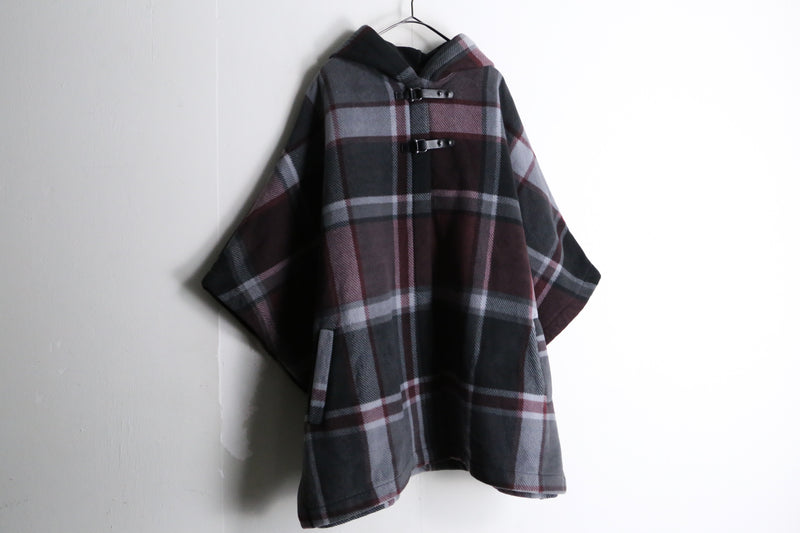 dark bordeaux color check pattern fleece poncho