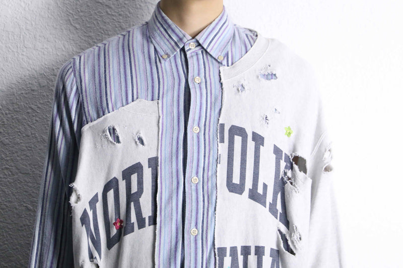 ”Re:make” stripe shirt × damage  design docking sweat