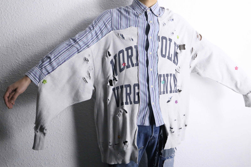 ”Re:make” stripe shirt × damage  design docking sweat
