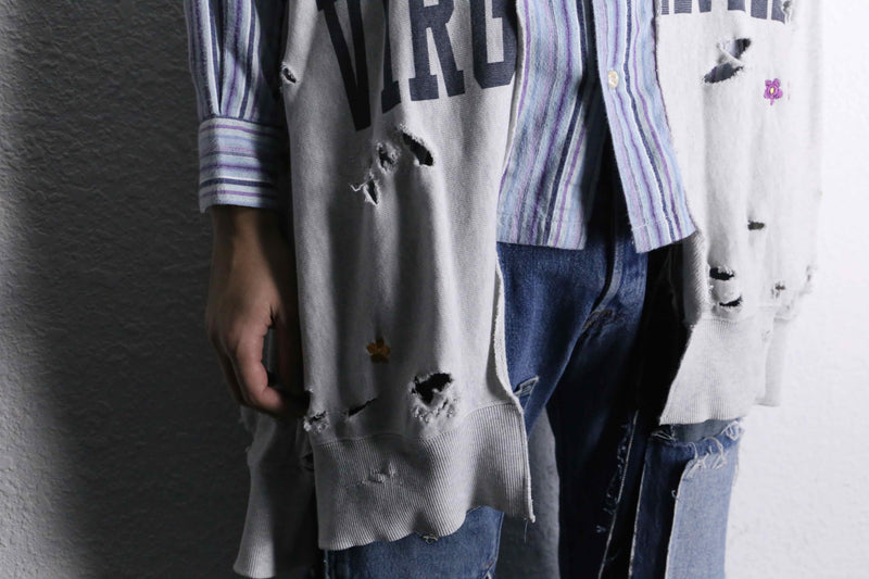 ”Re:make” stripe shirt × damage  design docking sweat