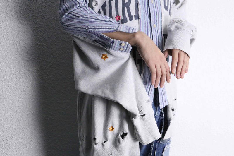 ”Re:make” stripe shirt × damage  design docking sweat