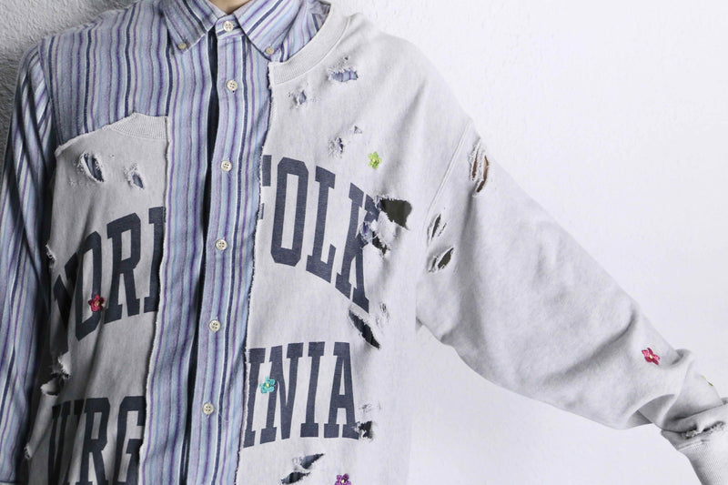 ”Re:make” stripe shirt × damage  design docking sweat