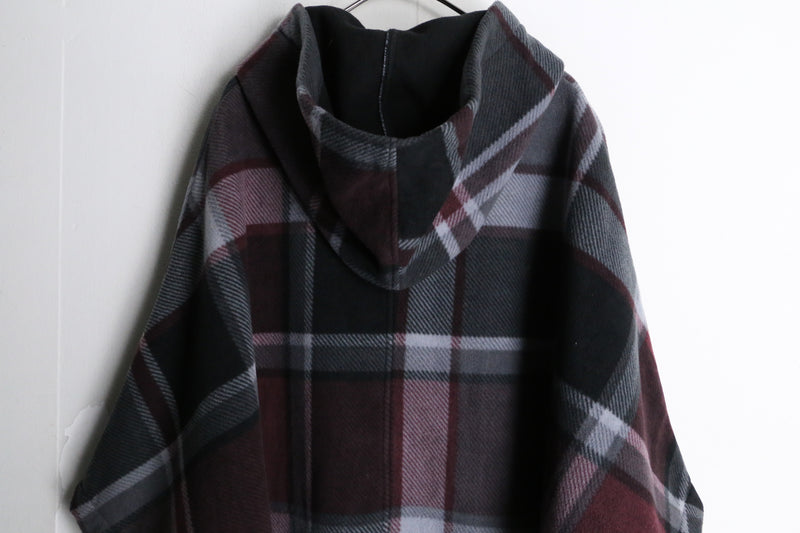 dark bordeaux color check pattern fleece poncho