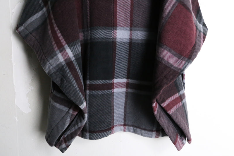 dark bordeaux color check pattern fleece poncho