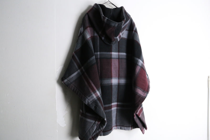 dark bordeaux color check pattern fleece poncho