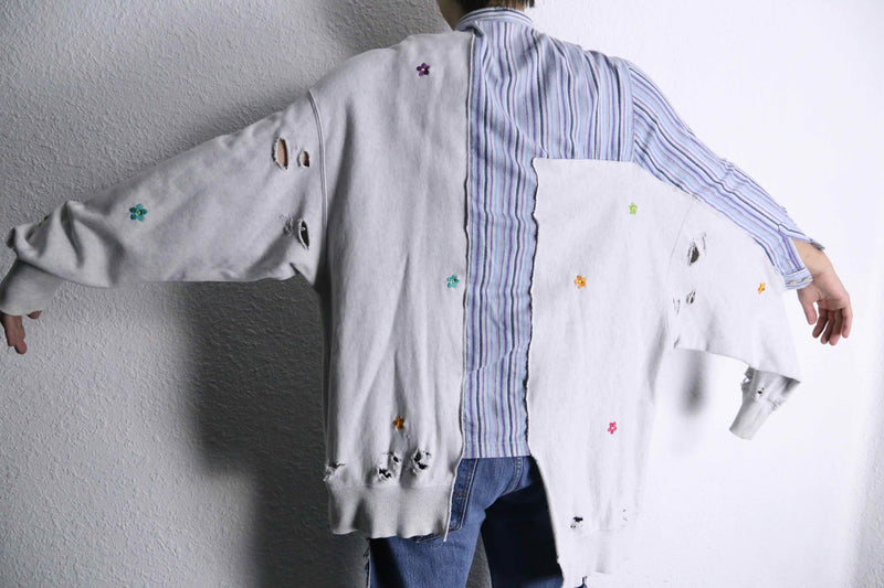 ”Re:make” stripe shirt × damage  design docking sweat