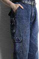snow washed wide cargo denim pants