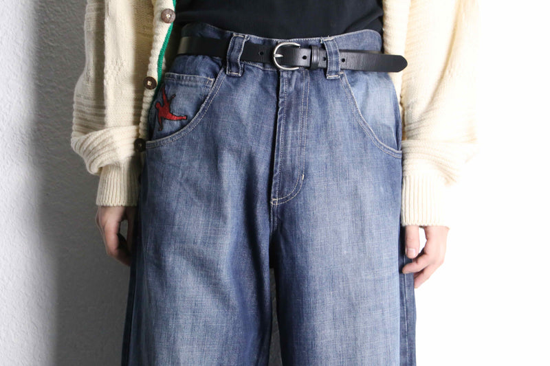 red flow wide denim pants