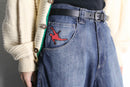 red flow wide denim pants