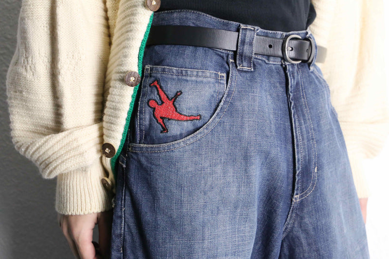 red flow wide denim pants