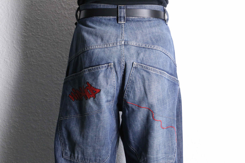 red flow wide denim pants