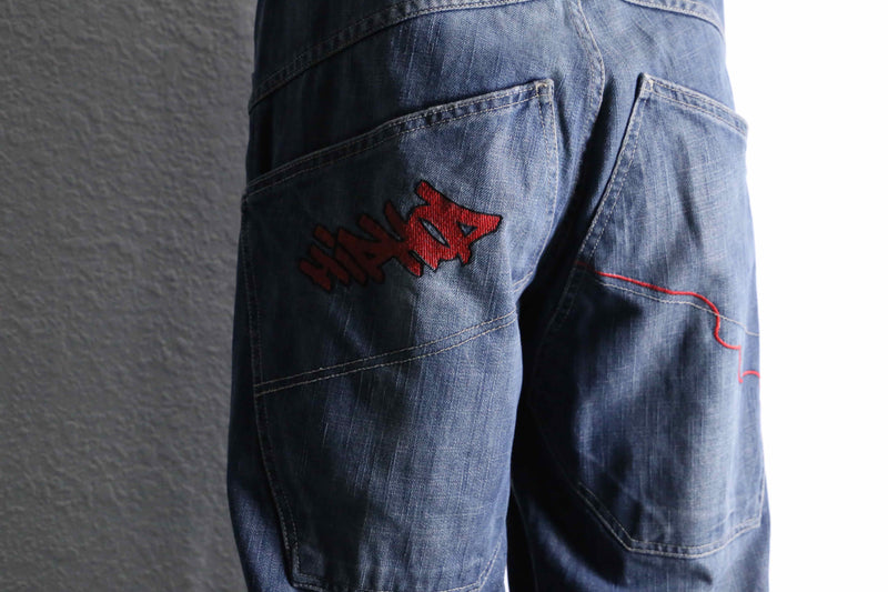 red flow wide denim pants