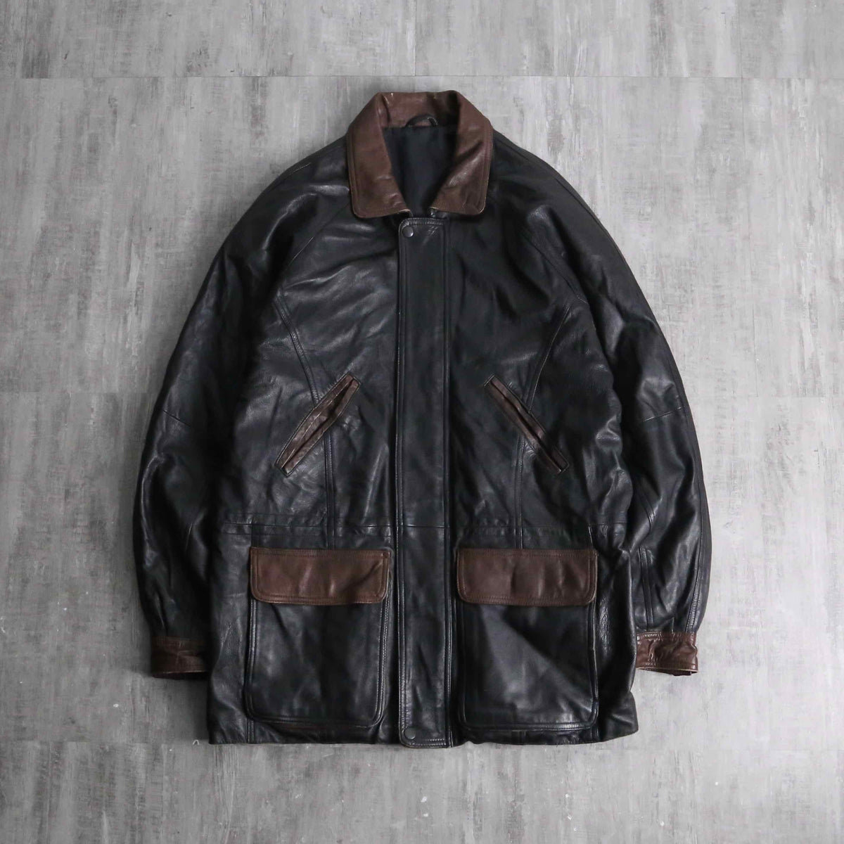 bi-color leather mid-length jacket