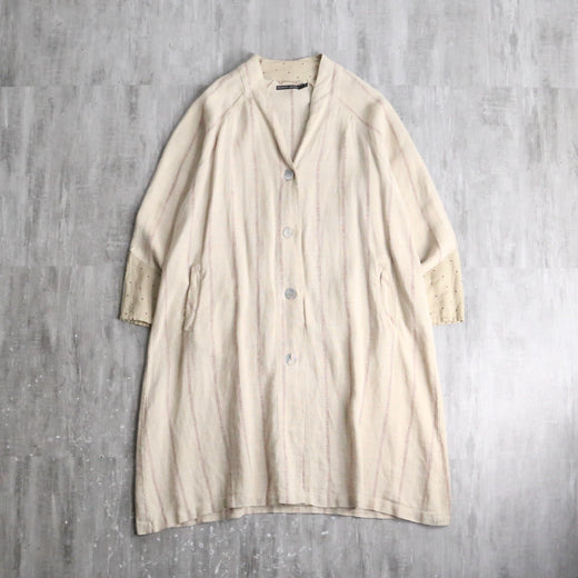 V-neck stripe&dot linen long jacket