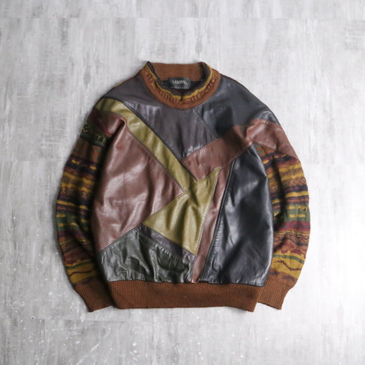 “SAXONY”vintage leather×3D knit pullover