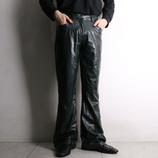 dark green python design fake leather flare pants