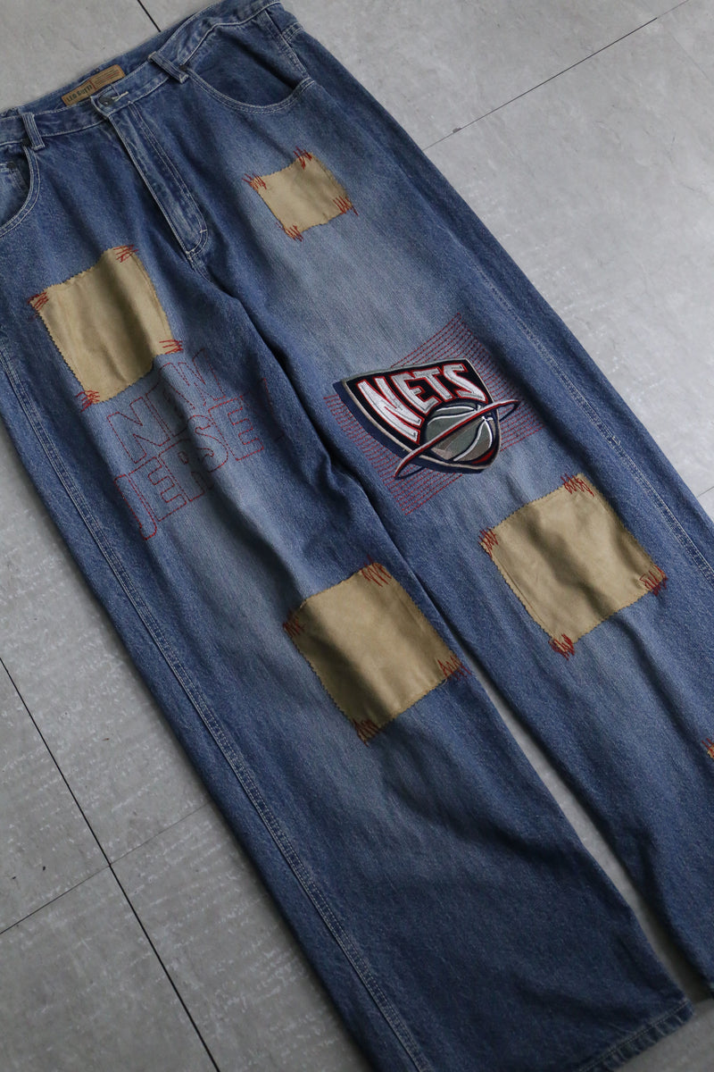 "NBA" embroidery patch blue wide denim pants